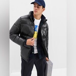 Gap Recycled Nylon Quilted Puffer Jacket Men's XL In High Shine Pri True Black